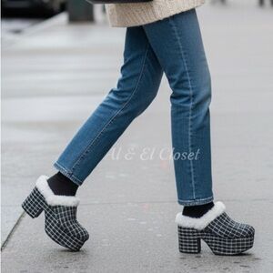 Larroudé Miso Clog Tweed Black Platform Shearling Lined Heels Size 10 New In Box